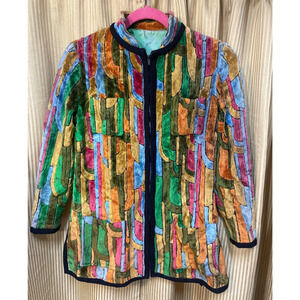 Vtg 60s 70s Velvet mod Jacket Psychedelic Colorful Abstract Print Velour